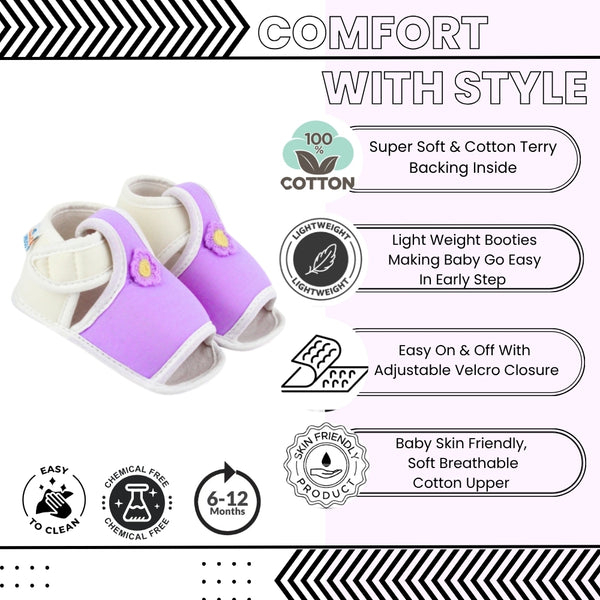 Baby Girls Skin-friendly Cotton Floral Purple,White Velcro Sandal Booties-BT5540