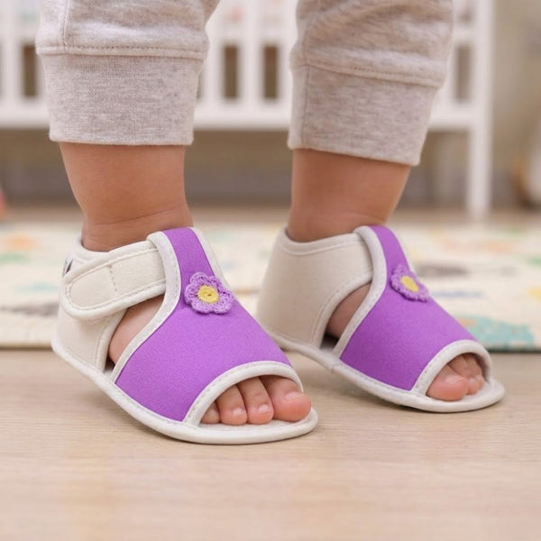 Baby Girls Skin-friendly Cotton Floral Purple,White Velcro Sandal Booties-BT5540
