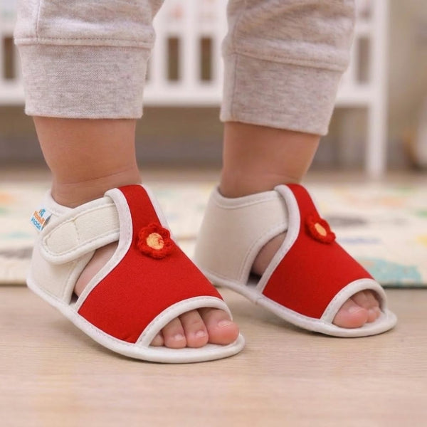 Baby Girls Skin-friendly Cotton Floral Red,White Velcro Sandal Booties-BT5541