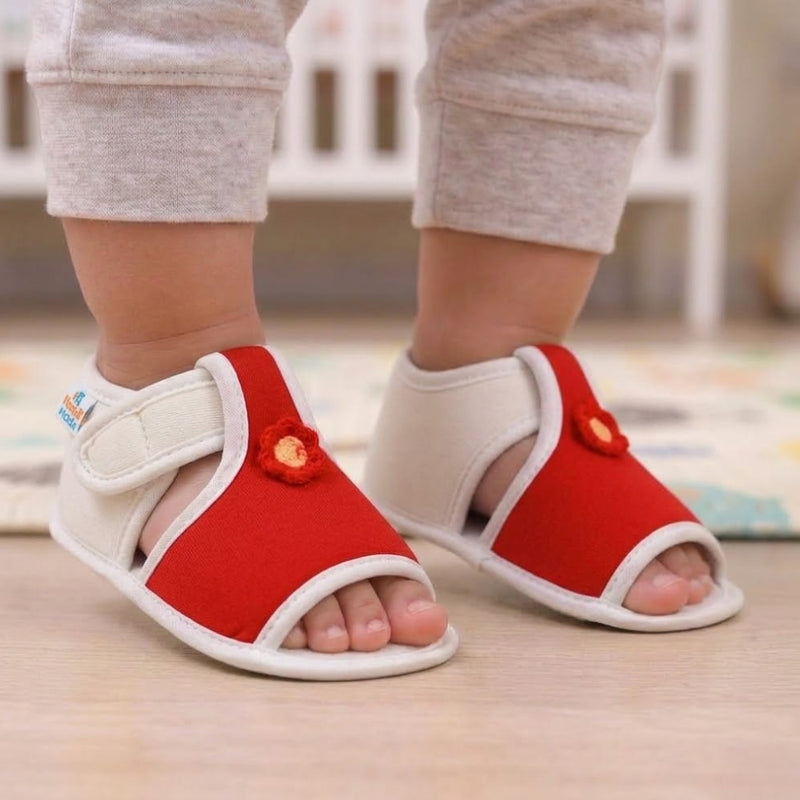 Baby Girls Skin-friendly Cotton Floral Red,White Velcro Sandal Booties-BT5541
