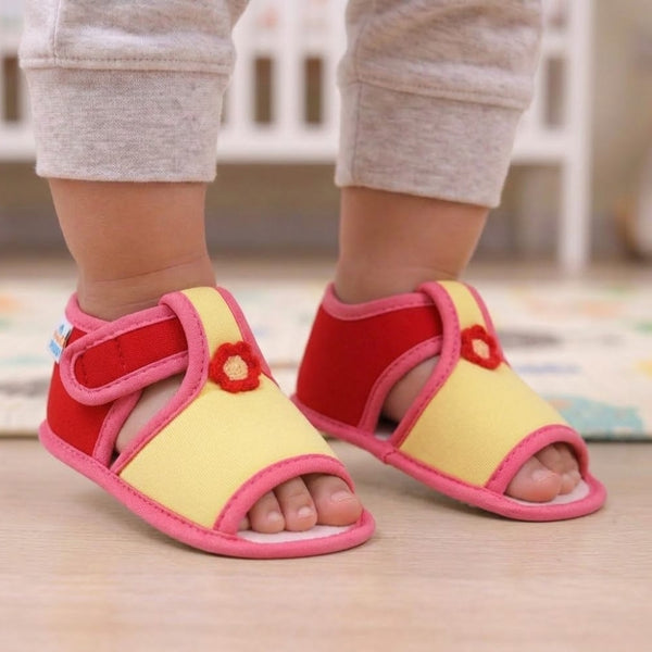 Baby Girls Skin-friendly Cotton Floral Yellow,Red Velcro Sandal Booties-BT5542