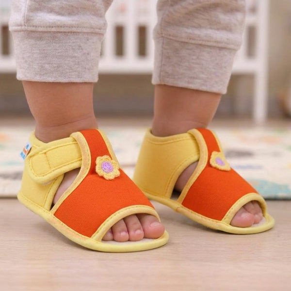 Baby Girls Skin-friendly Cotton Floral Orange,Yellow Velcro Sandal Booties-BT5543