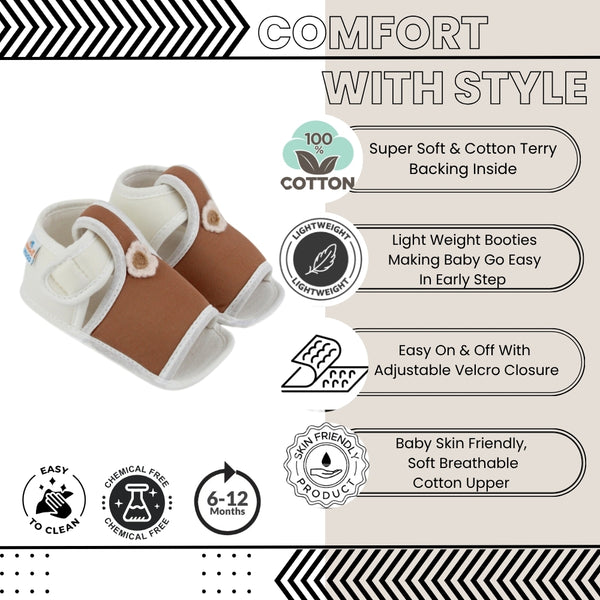Baby Girls Skin-friendly Cotton Floral Brown,White Velcro Sandal Booties-BT5546
