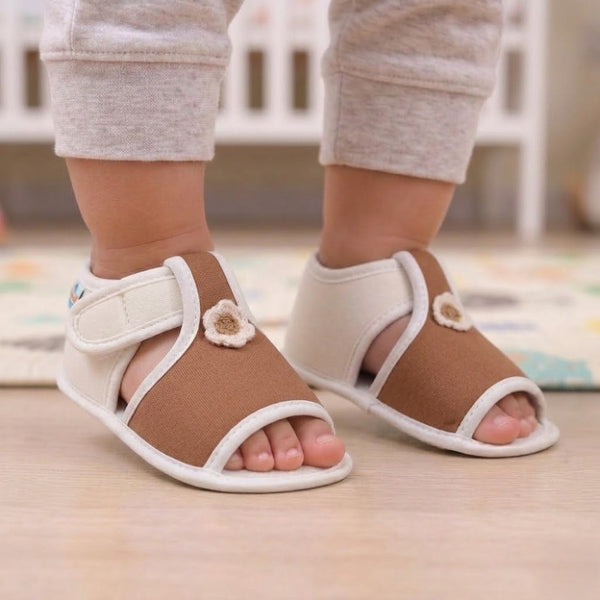 Baby Girls Skin-friendly Cotton Floral Brown,White Velcro Sandal Booties-BT5546