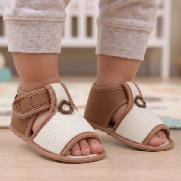 Baby Girls Skin-friendly Cotton Floral White,Brown Velcro Sandal Booties-BT5548
