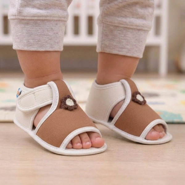 Baby Girls Skin-friendly Cotton Floral Brown,White Velcro Sandal Booties-BT5549