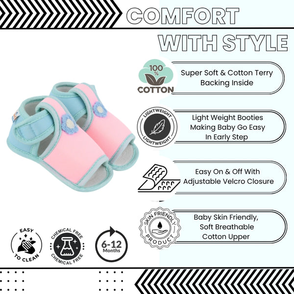 Baby Girls Skin-friendly Cotton Floral Pink,Green Velcro Sandal Booties-BT5550