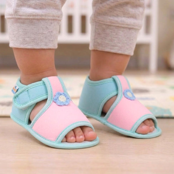 Baby Girls Skin-friendly Cotton Floral Pink,Green Velcro Sandal Booties-BT5550