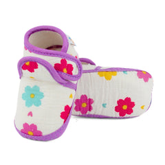 Baby Unisex Skin-friendly Muslin Floral White,Purple Velcro Shoe Booties-BT5553