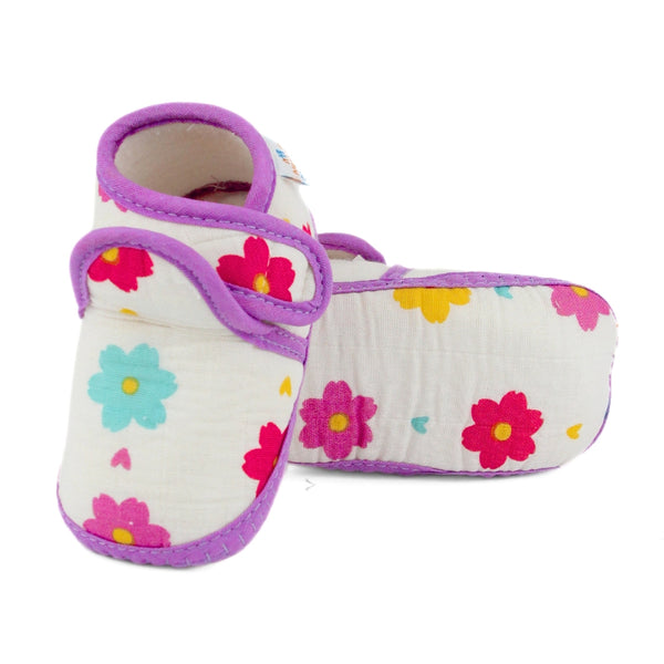 Baby Unisex Skin-friendly Muslin Floral White,Purple Velcro Shoe Booties-BT5553