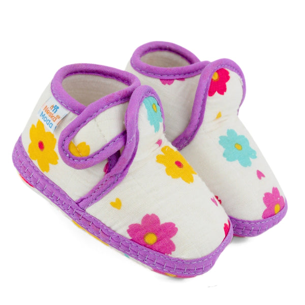 Baby Unisex Skin-friendly Muslin Floral White,Purple Velcro Shoe Booties-BT5553