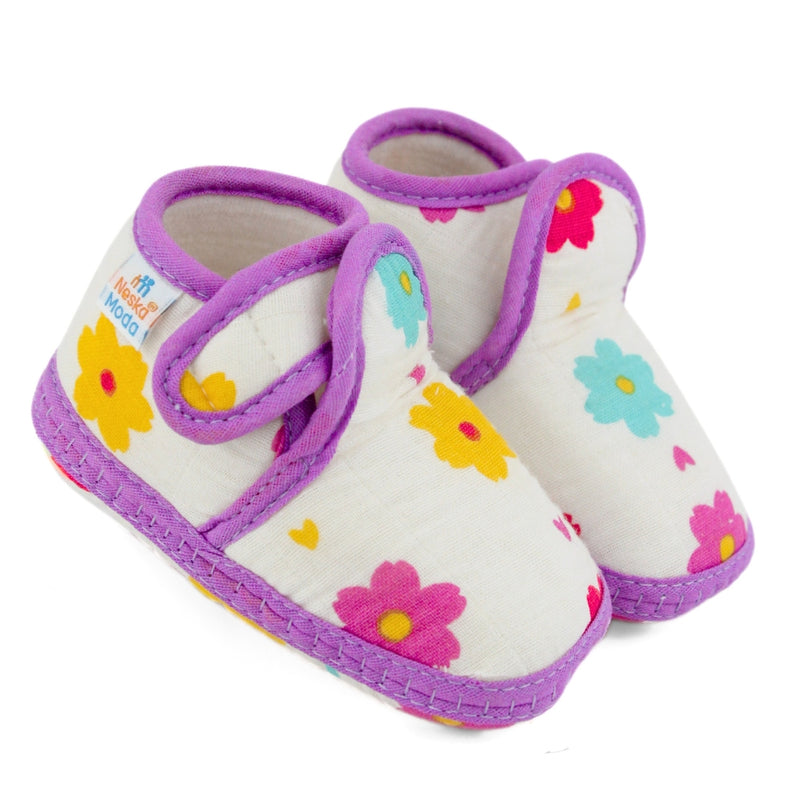 Baby Unisex Skin-friendly Muslin Floral White,Purple Velcro Shoe Booties-BT5553
