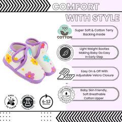 Baby Unisex Skin-friendly Muslin Floral White,Purple Velcro Shoe Booties-BT5553