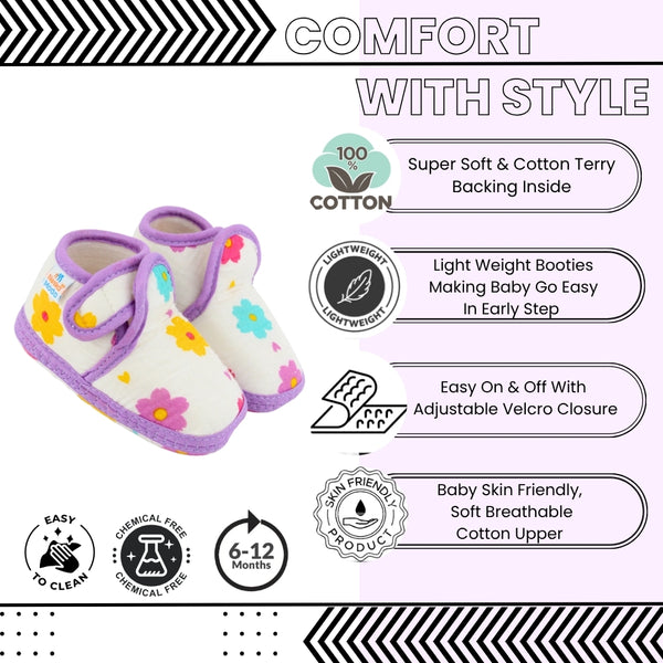 Baby Unisex Skin-friendly Muslin Floral White,Purple Velcro Shoe Booties-BT5553
