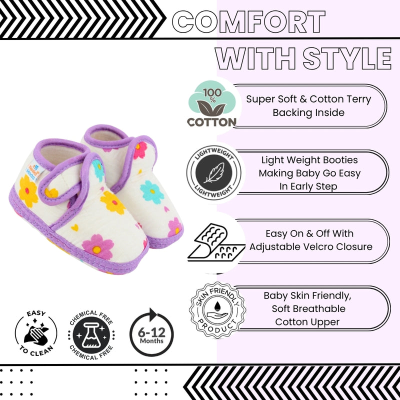 Baby Unisex Skin-friendly Muslin Floral White,Purple Velcro Shoe Booties-BT5553