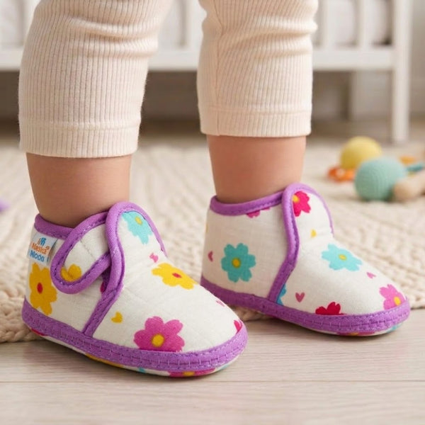 Baby Unisex Skin-friendly Muslin Floral White,Purple Velcro Shoe Booties-BT5553