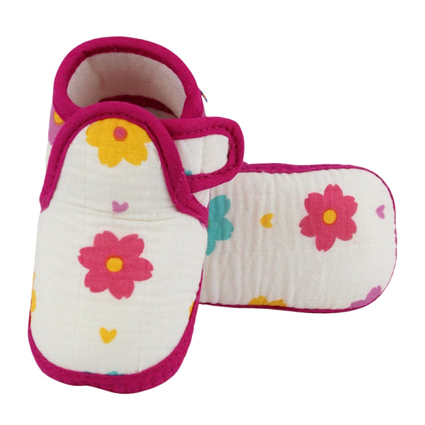 Baby Unisex Skin-friendly Muslin Floral White,Pink Velcro Shoe Booties-BT5554