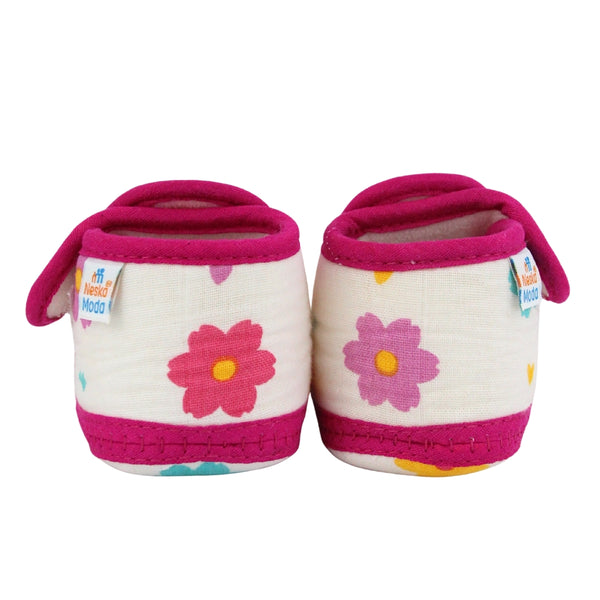 Baby Unisex Skin-friendly Muslin Floral White,Pink Velcro Shoe Booties-BT5554