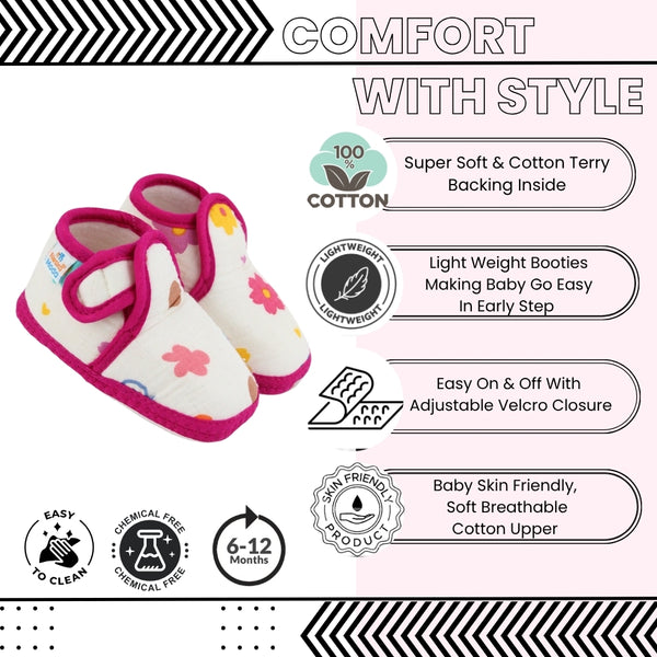 Baby Unisex Skin-friendly Muslin Floral White,Pink Velcro Shoe Booties-BT5554