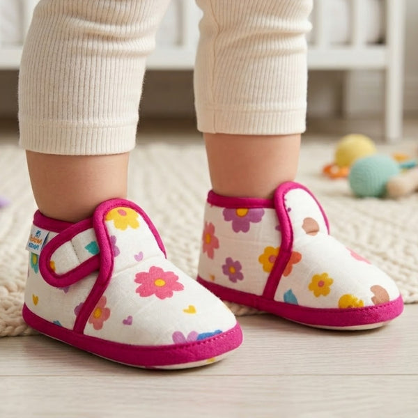 Baby Unisex Skin-friendly Muslin Floral White,Pink Velcro Shoe Booties-BT5554