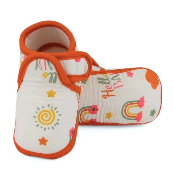 Baby Unisex Skin-friendly Muslin Floral White,Orange Velcro Shoe Booties-BT5555