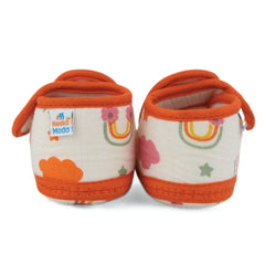 Baby Unisex Skin-friendly Muslin Floral White,Orange Velcro Shoe Booties-BT5555