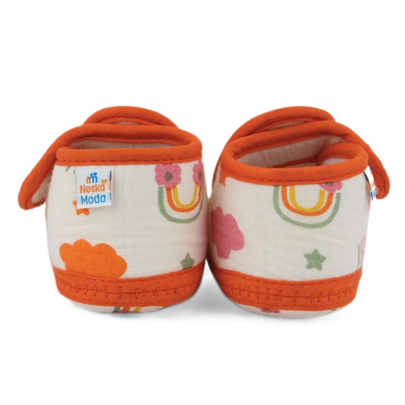 Baby Unisex Skin-friendly Muslin Floral White,Orange Velcro Shoe Booties-BT5555