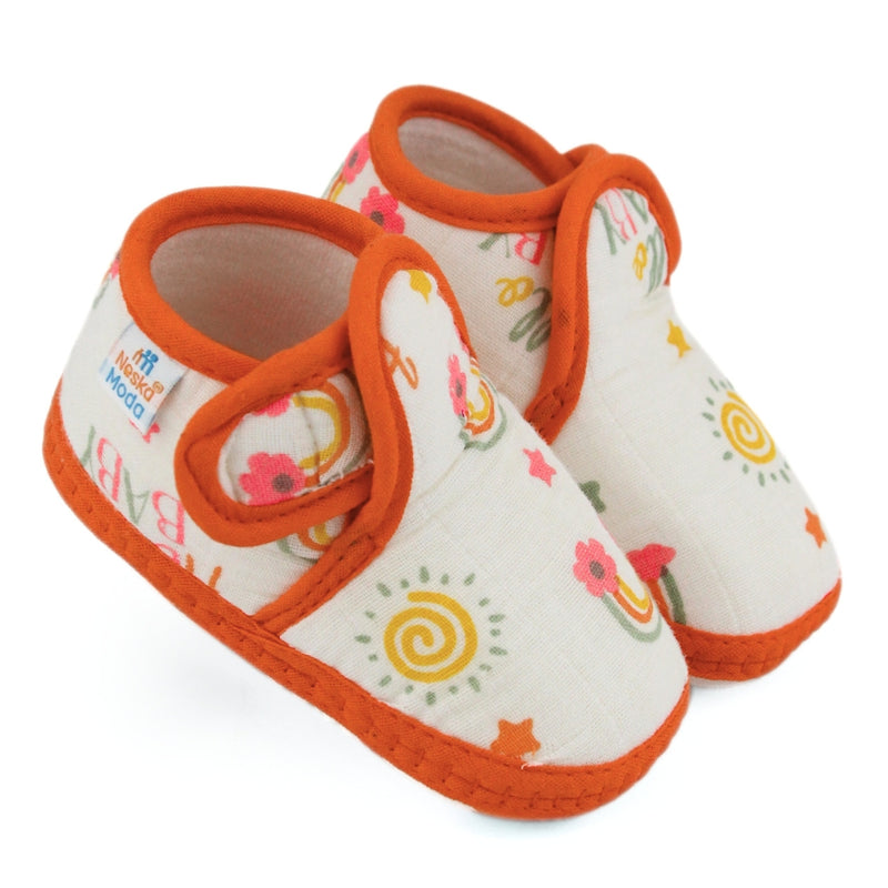 Baby Unisex Skin-friendly Muslin Floral White,Orange Velcro Shoe Booties-BT5555