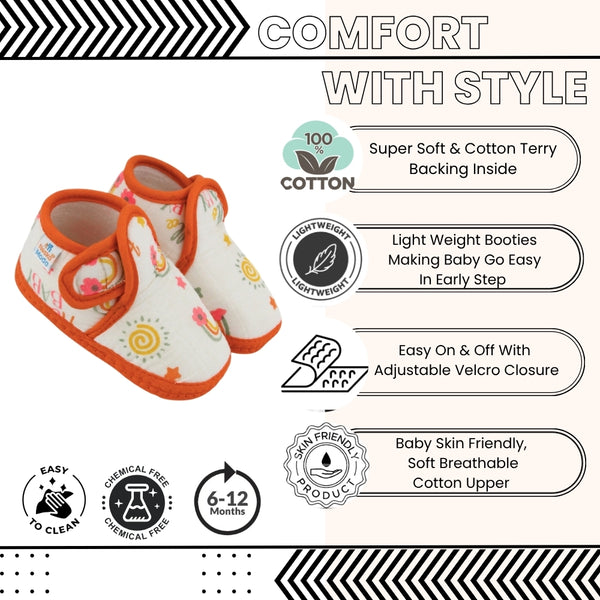 Baby Unisex Skin-friendly Muslin Floral White,Orange Velcro Shoe Booties-BT5555