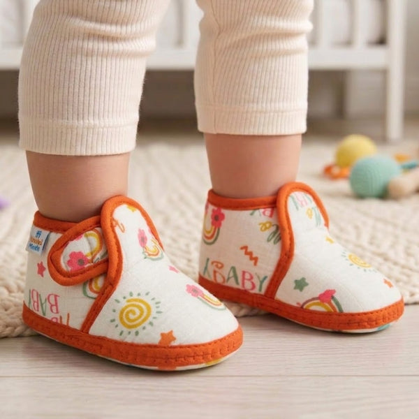 Baby Unisex Skin-friendly Muslin Floral White,Orange Velcro Shoe Booties-BT5555