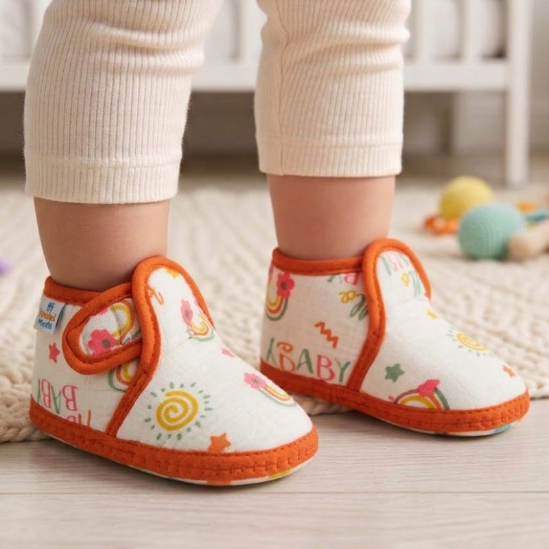Baby Unisex Skin-friendly Muslin Floral White,Orange Velcro Shoe Booties-BT5555