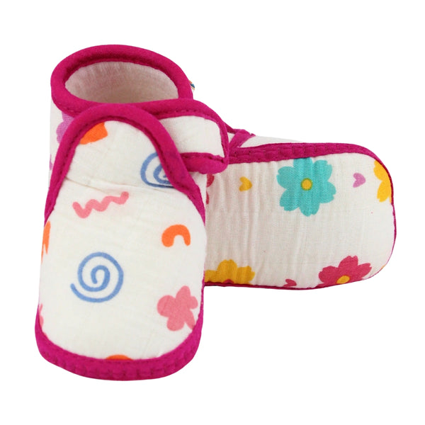 Baby Unisex Skin-friendly Muslin Floral White,Pink Velcro Shoe Booties-BT5556