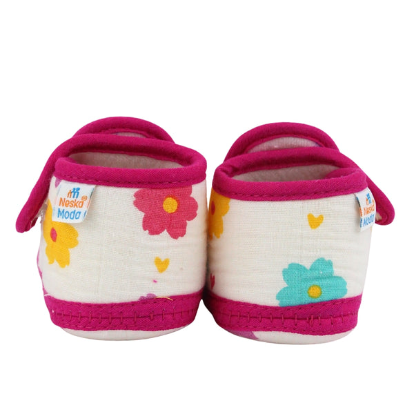 Baby Unisex Skin-friendly Muslin Floral White,Pink Velcro Shoe Booties-BT5556