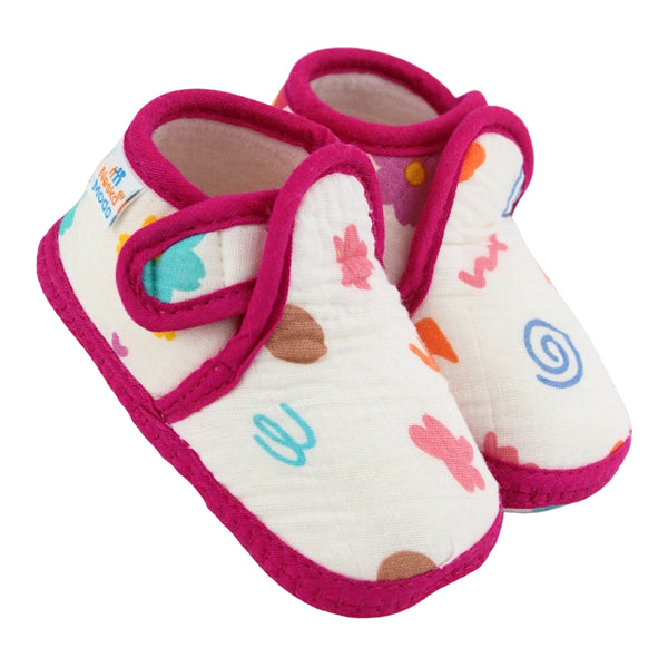 Baby Unisex Skin-friendly Muslin Floral White,Pink Velcro Shoe Booties-BT5556