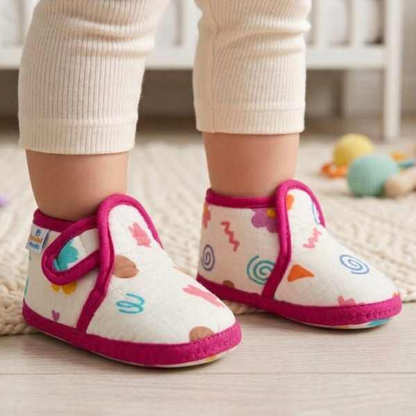Baby Unisex Skin-friendly Muslin Floral White,Pink Velcro Shoe Booties-BT5556