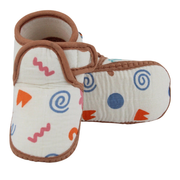 Baby Unisex Skin-friendly Muslin Floral White,Brown Velcro Shoe Booties-BT5557
