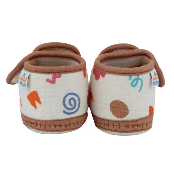 Baby Unisex Skin-friendly Muslin Floral White,Brown Velcro Shoe Booties-BT5557