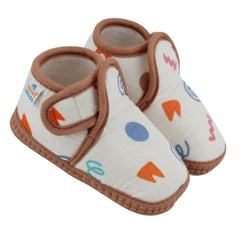 Baby Unisex Skin-friendly Muslin Floral White,Brown Velcro Shoe Booties-BT5557