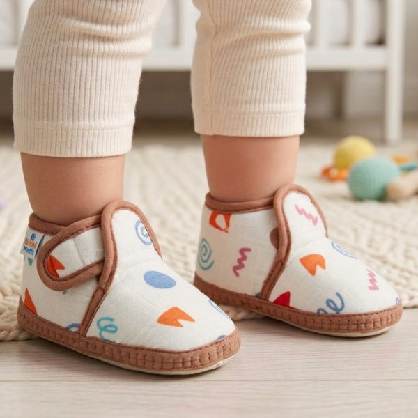 Baby Unisex Skin-friendly Muslin Floral White,Brown Velcro Shoe Booties-BT5557
