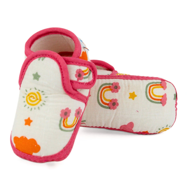 Baby Unisex Skin-friendly Muslin Floral White,Red Velcro Shoe Booties-BT5558