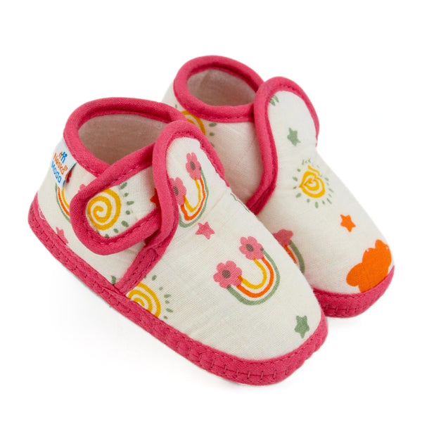 Baby Unisex Skin-friendly Muslin Floral White,Red Velcro Shoe Booties-BT5558