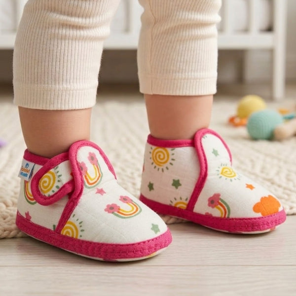 Baby Unisex Skin-friendly Muslin Floral White,Red Velcro Shoe Booties-BT5558