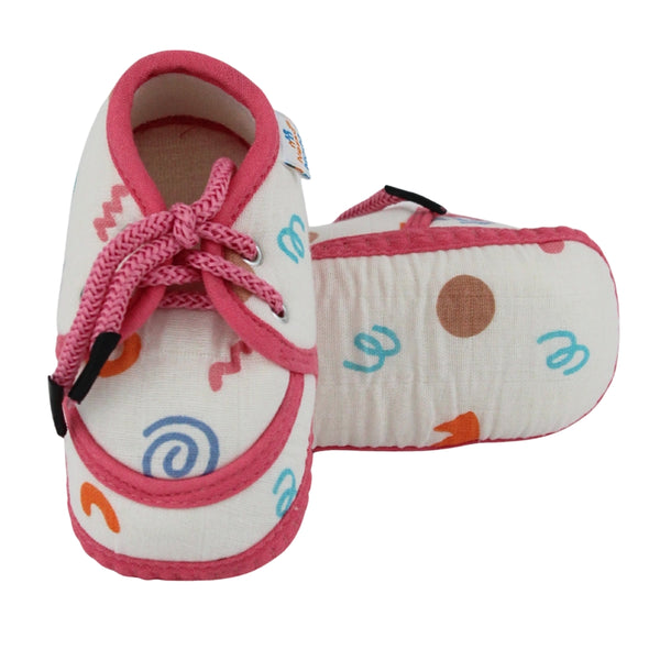 Baby Unisex Flower & Circle Muslin White,Pink Velcro Shoe Booties-BT5559