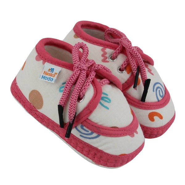 Baby Unisex Flower & Circle Muslin White,Pink Velcro Shoe Booties-BT5559