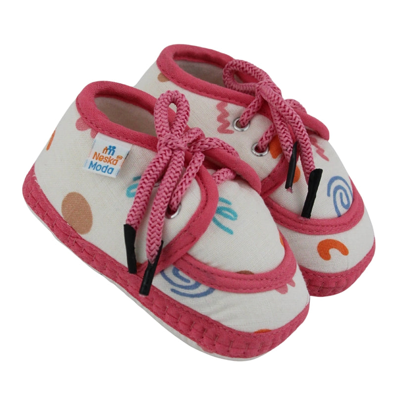 Baby Unisex Flower & Circle Muslin White,Pink Velcro Shoe Booties-BT5559