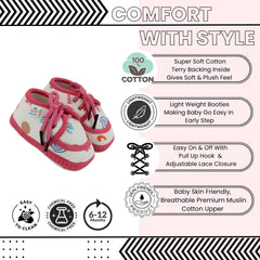 Baby Unisex Flower & Circle Muslin White,Pink Velcro Shoe Booties-BT5559