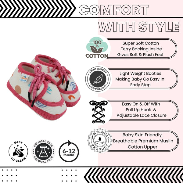 Baby Unisex Flower & Circle Muslin White,Pink Velcro Shoe Booties-BT5559