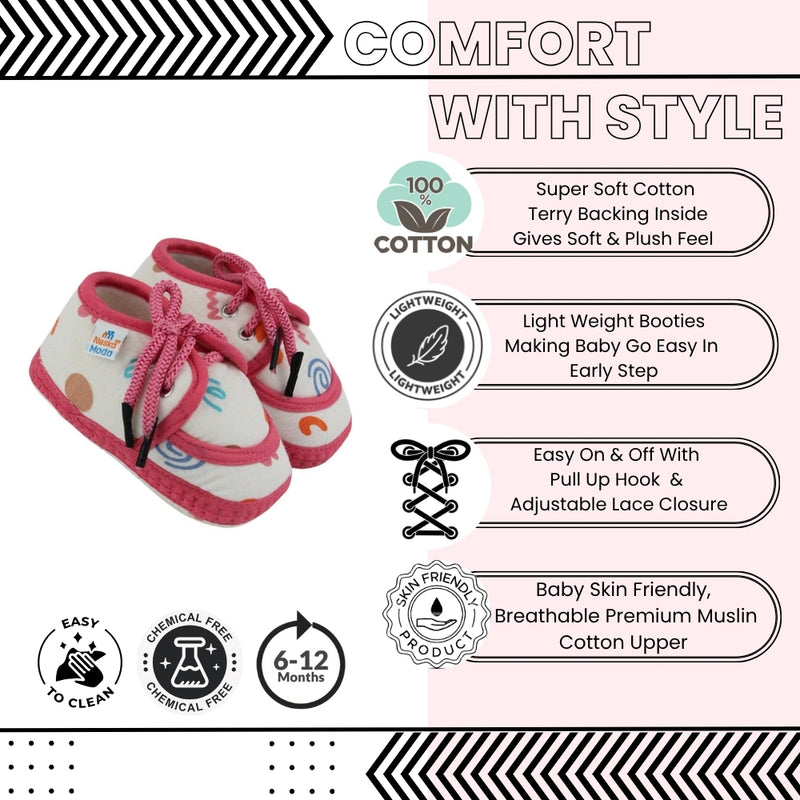 Baby Unisex Flower & Circle Muslin White,Pink Velcro Shoe Booties-BT5559