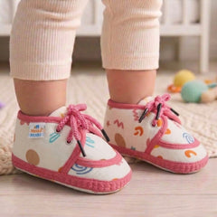 Baby Unisex Flower & Circle Muslin White,Pink Velcro Shoe Booties-BT5559