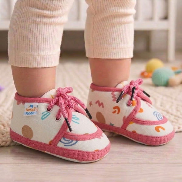 Baby Unisex Flower & Circle Muslin White,Pink Velcro Shoe Booties-BT5559